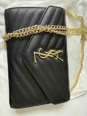 Black Quilted Chain Crossbody Bag with Gold Logo